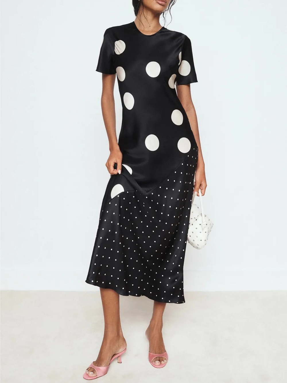 Silk Laundry Polka Dot Short Sleeve Midi Dress Black White Sz XS